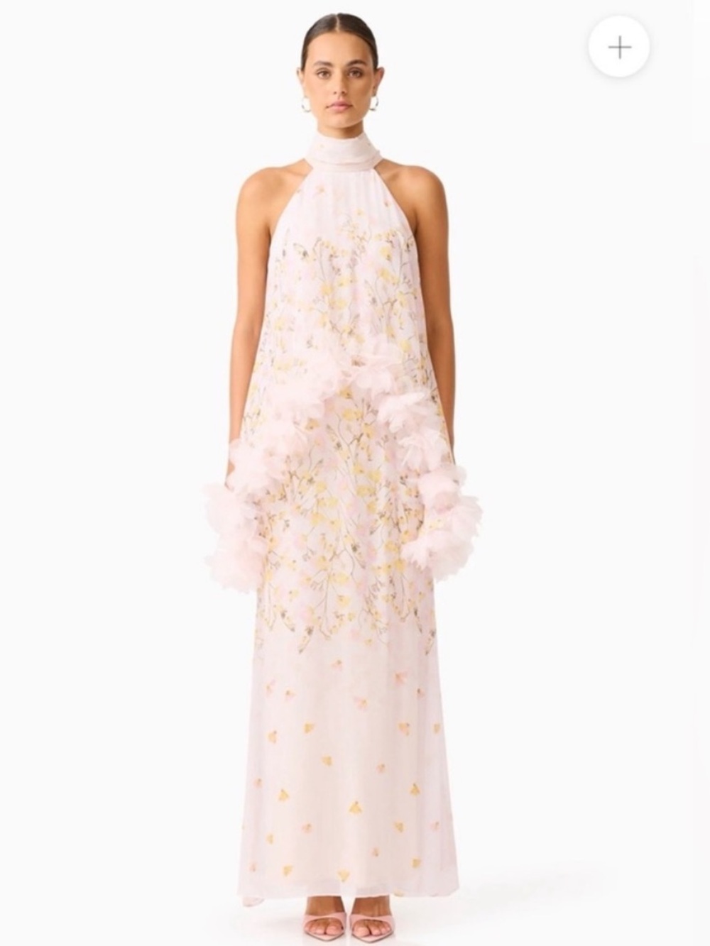 elliatt tulsia pink 3d floral trim hi-lo cape statement maxi dress size medium